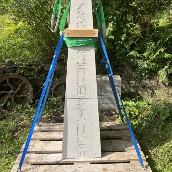 ORNAMENTI Landscape Obelisk with Egyptian hieroglyphs ready for installation in Wales